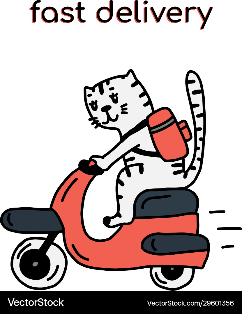 Food delivery a cheerful cat character rides Vector Image