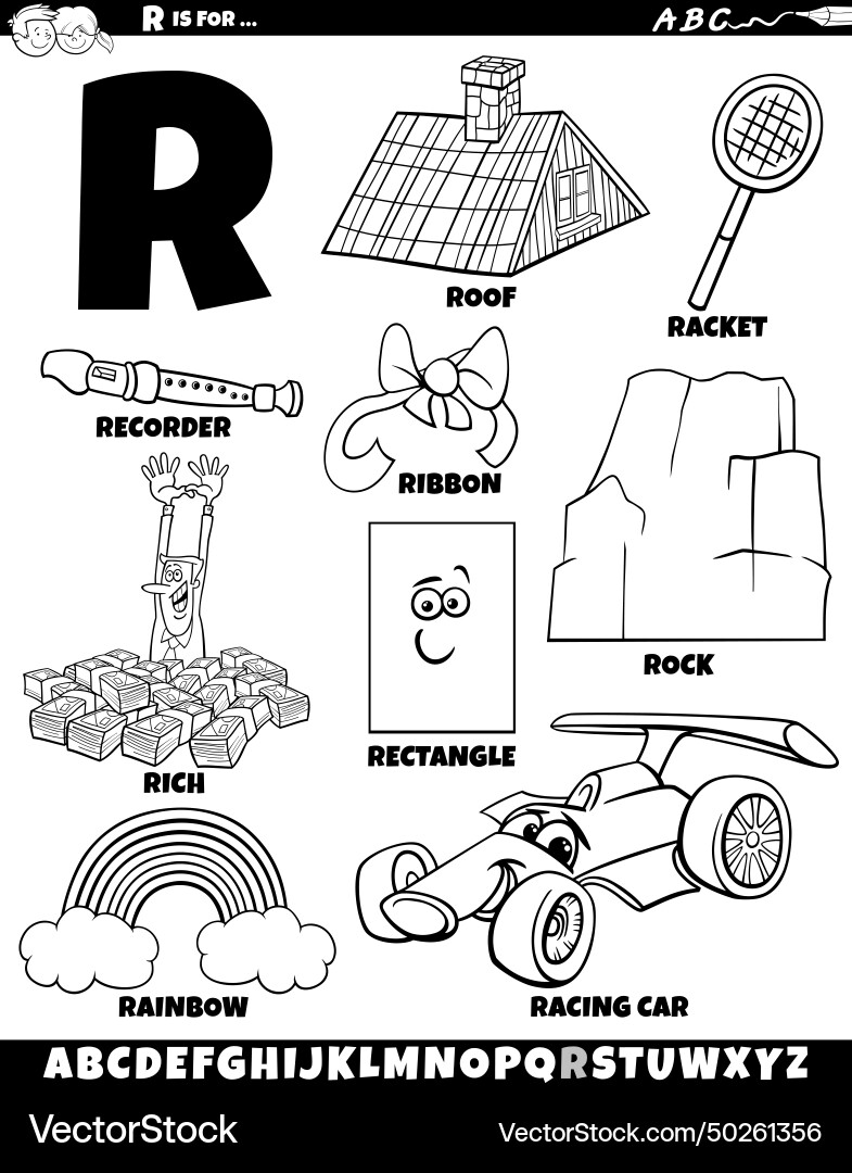 Letter r set with cartoon objects and characters Letter r set with cartoon objects and characters Vector Image