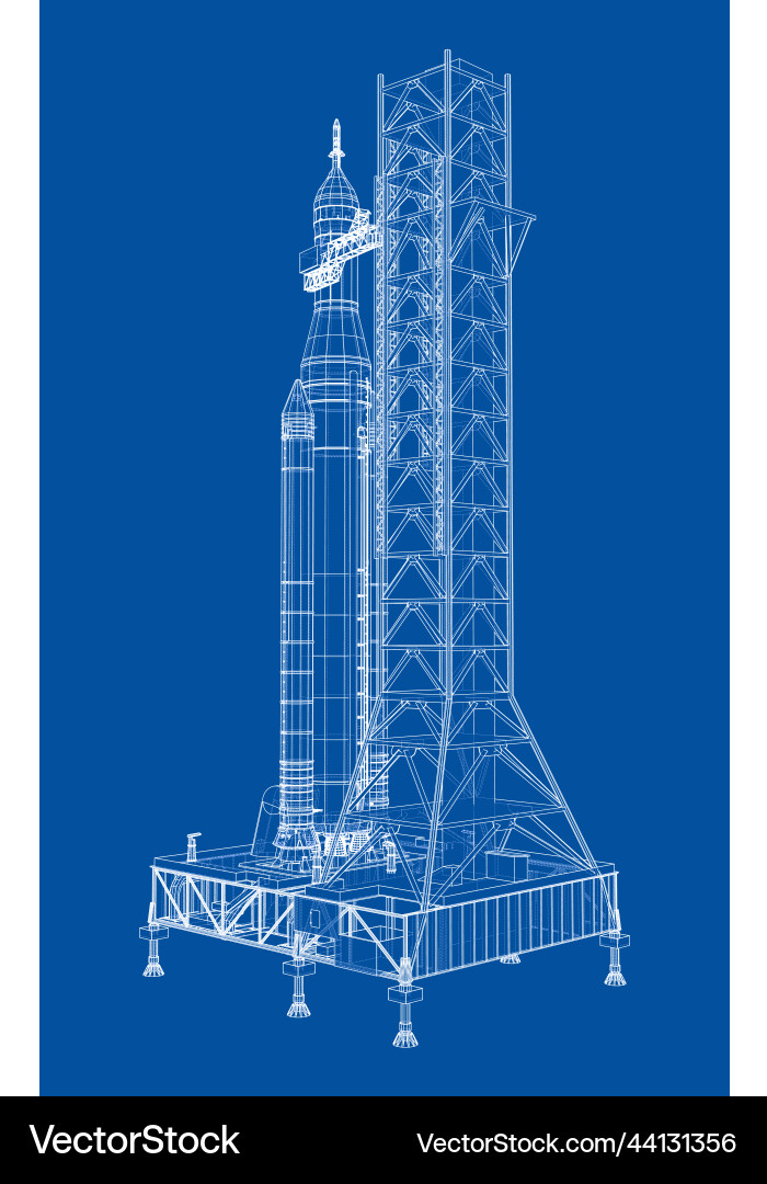 Space rocket on launch pad rendering of 3d vector image
