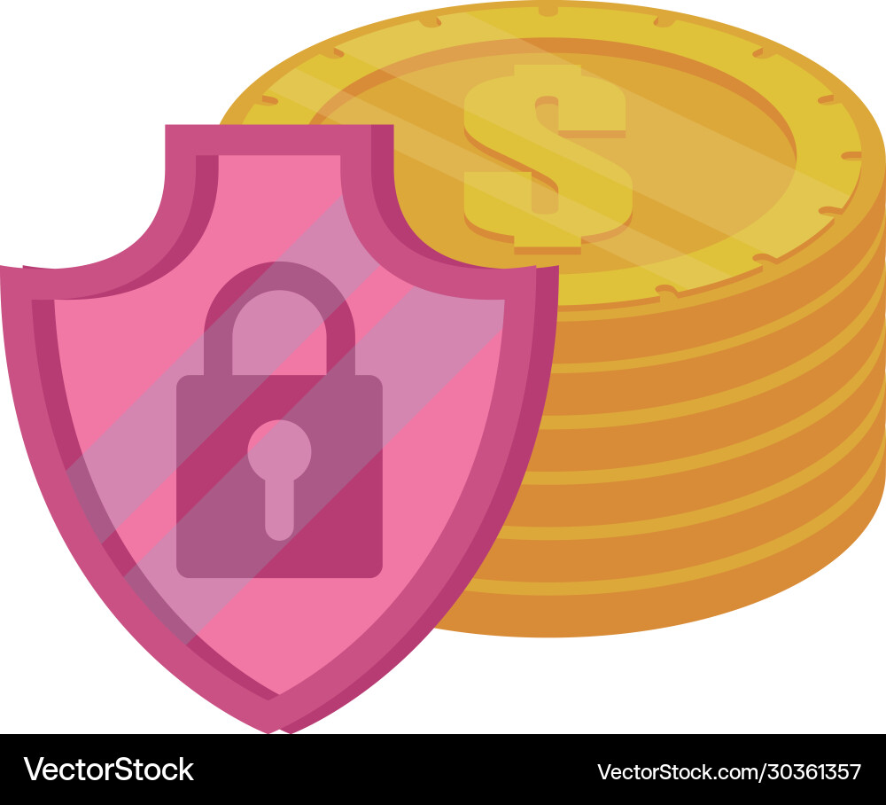 Shield with padlock security and coins Shield with padlock security and coins vector image