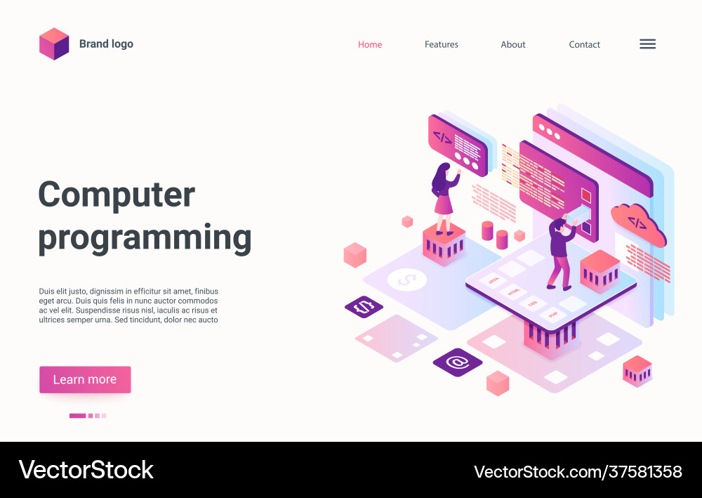 Computer programming landing page students learn vector image