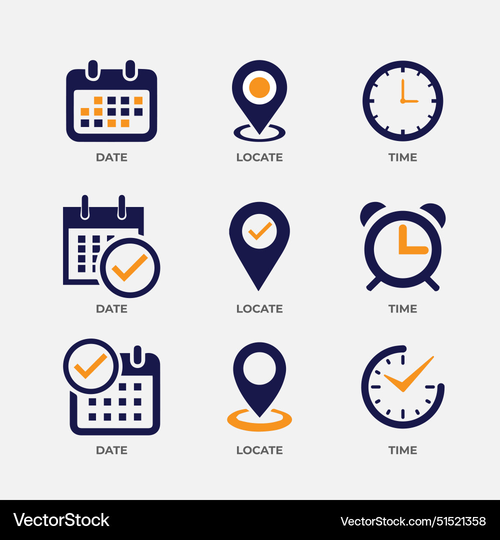 Date time location icon set even the element Date time location icon set even the element Vector Image