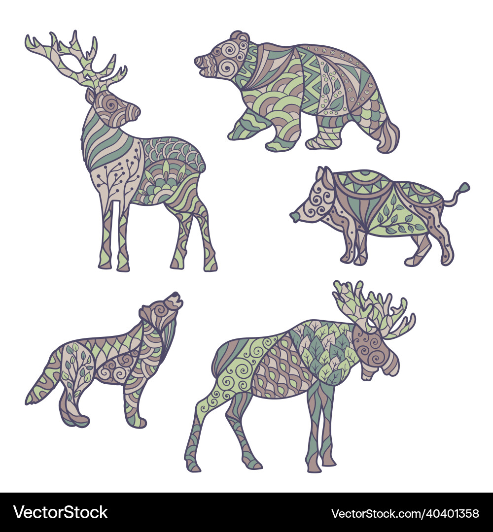 Set of forest animals with abstract patterns Vector Image