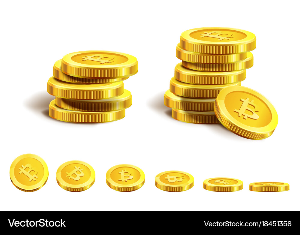 Shiny bitcoins in piles and neat row isolated vector image