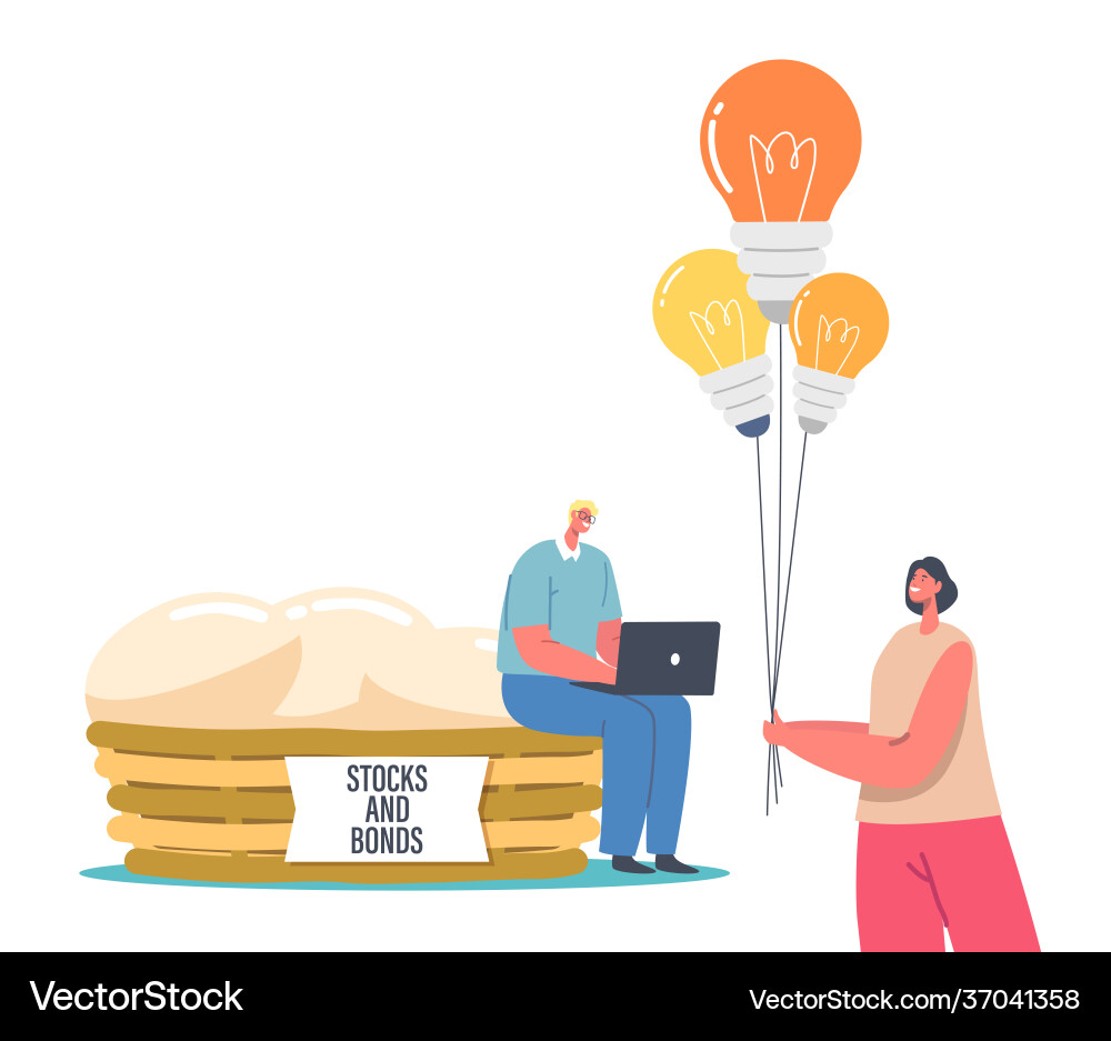 Tiny male character with laptop sit on huge basket Tiny male character with laptop sit on huge basket vector image