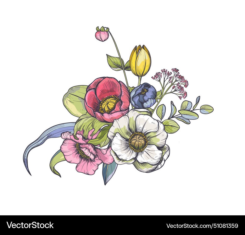 Composition of spring flowers leaves Royalty Free Vector