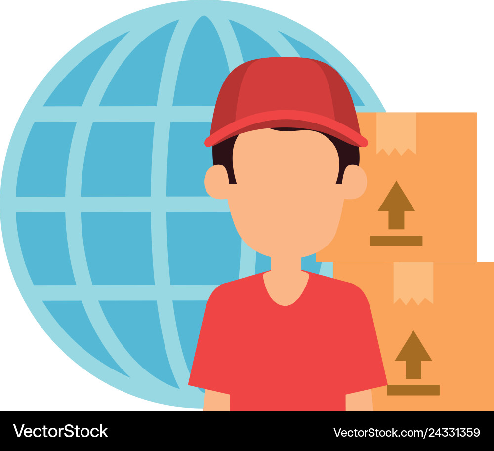 Delivery worker with boxes and planet Delivery worker with boxes and planet vector image