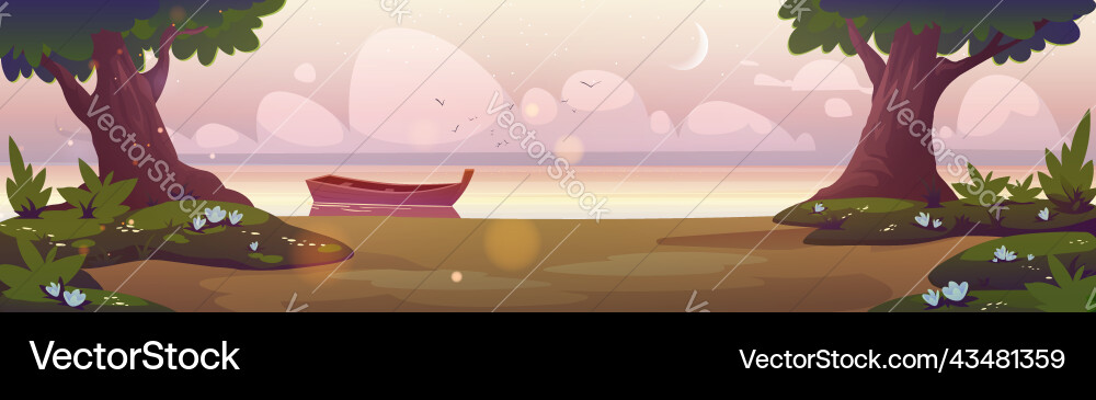 Sunrise landscape wooden boat at shore Sunrise landscape wooden boat at shore vector image