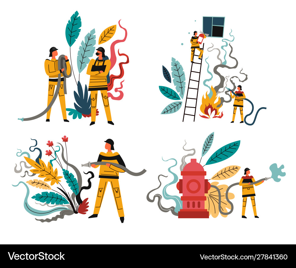 Fire rescue team firefighters with hose Fire rescue team firefighters with hose vector image