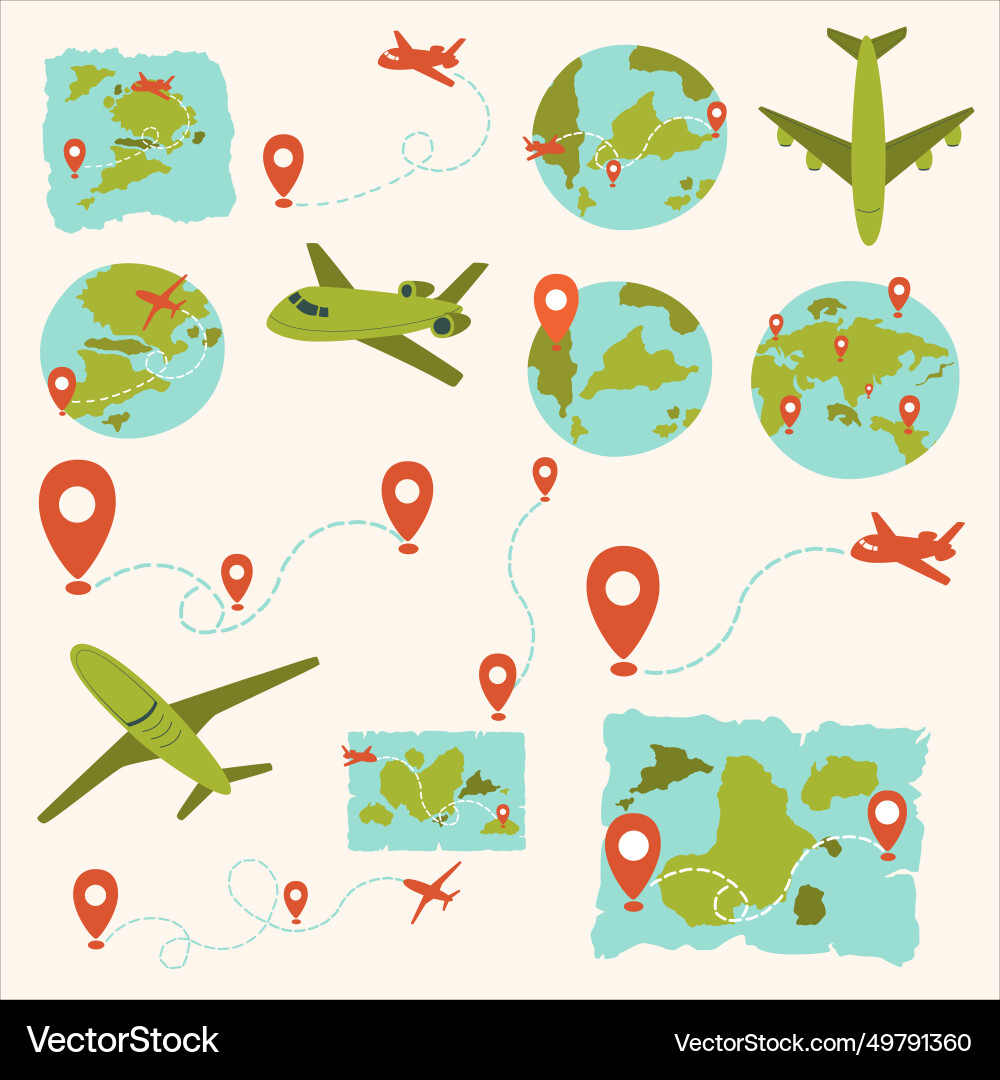 Set of maps and plane collection Set of maps and plane collection vector image