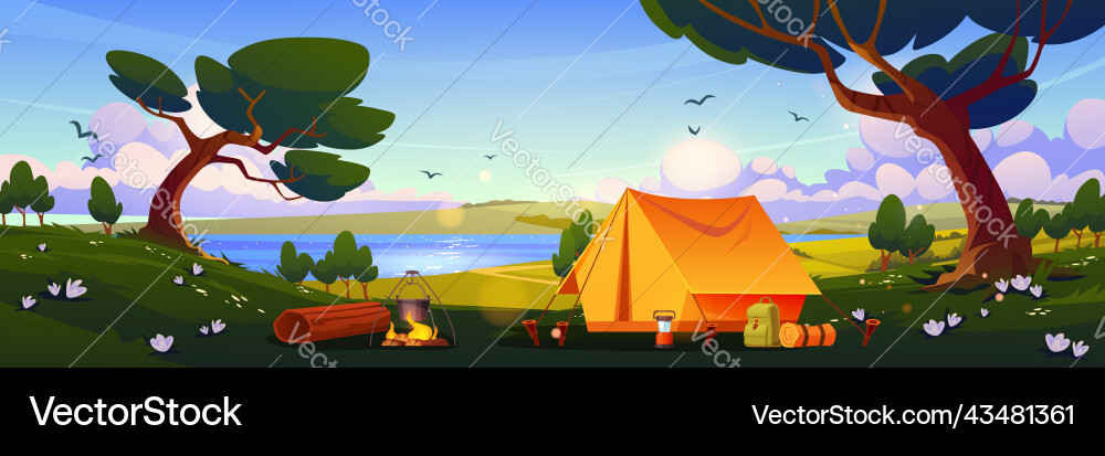 Camping tent with campfire and tourist equipment Camping tent with campfire and tourist equipment vector image