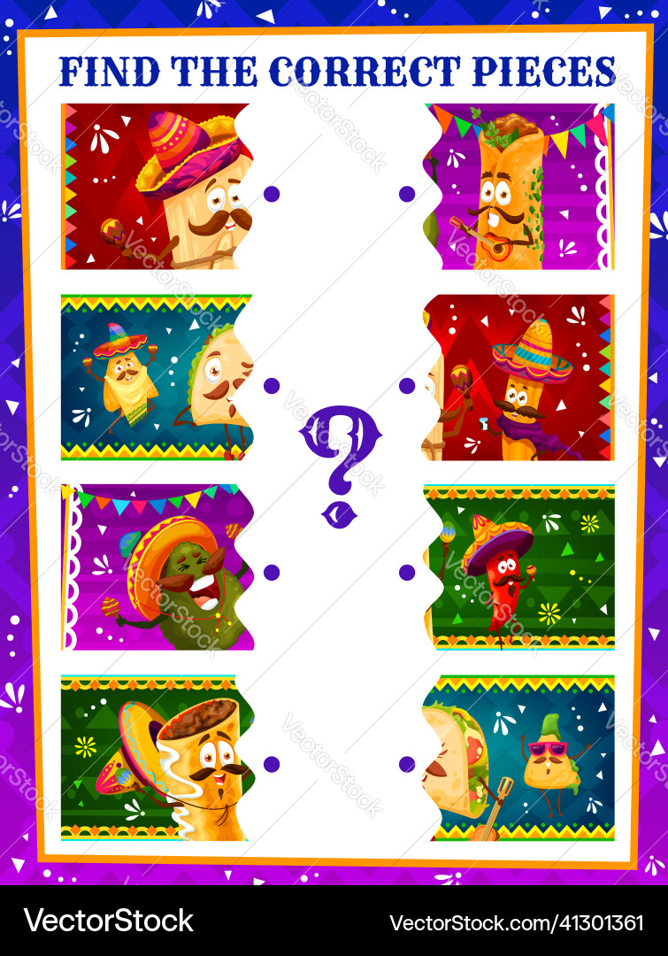 Find correct pieces kids game with mexican food Find correct pieces kids game with mexican food vector image