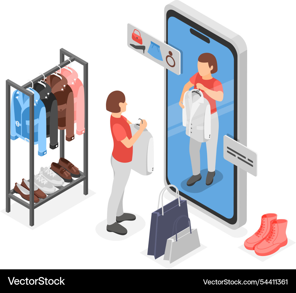 Isometric online shopping girl fitting and choose Isometric online shopping girl fitting and choose vector image