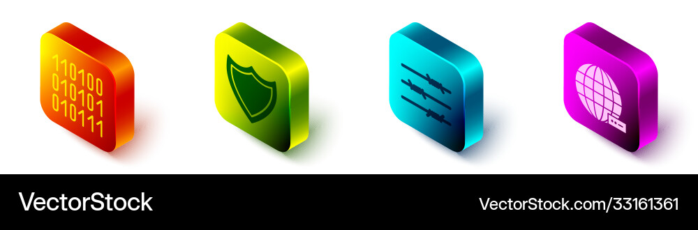 Set isometric binary code shield barbed wire Set isometric binary code shield barbed wire vector image