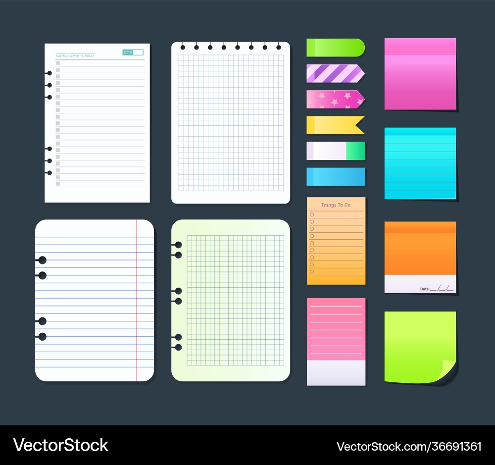 Sticky notebook paper set colorful memo blank Vector Image