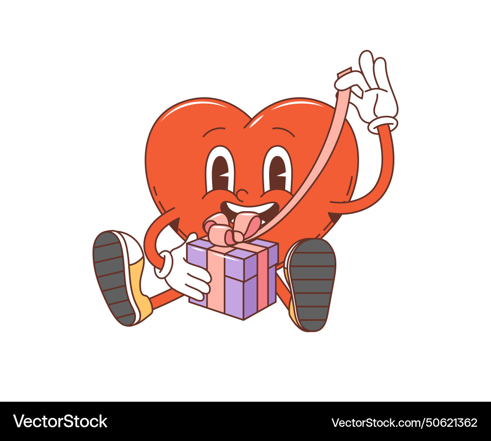 Cartoon groovy valentine heart character with gift vector image