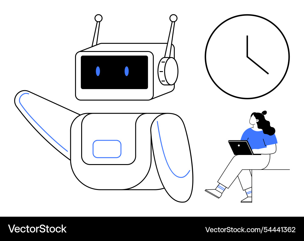 Friendly robot interacting with person using Friendly robot interacting with person using vector image