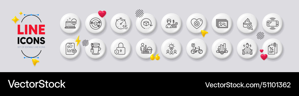 Heart timer and teamwork chart line icons Heart timer and teamwork chart line icons vector image