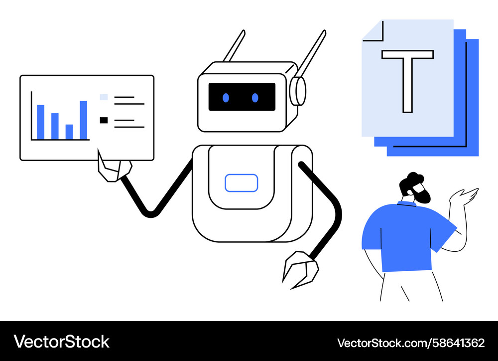 Robot presenting analytics data to a man focusing Vector Image