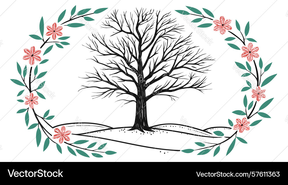 Bare tree in a circular wreath representing Vector Image