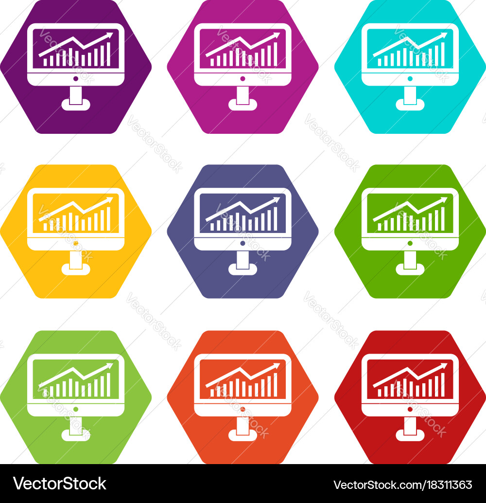 Growth graph on the computer monitor icon set vector image