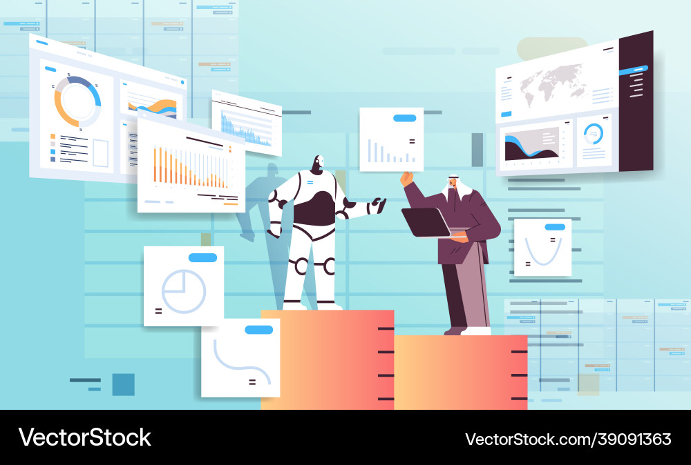 Robot with businessman analyzing statistics graphs Robot with businessman analyzing statistics graphs vector image