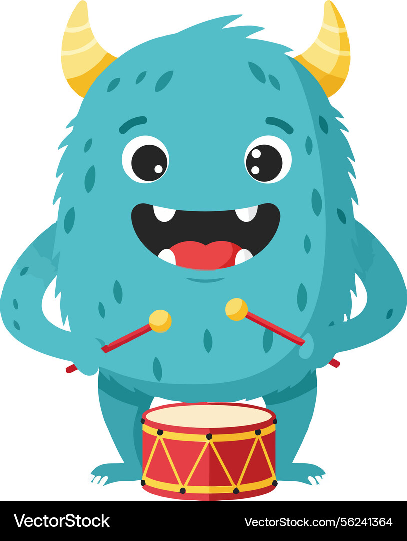 Cheerful blue monster playing a red drum in flat Vector Image