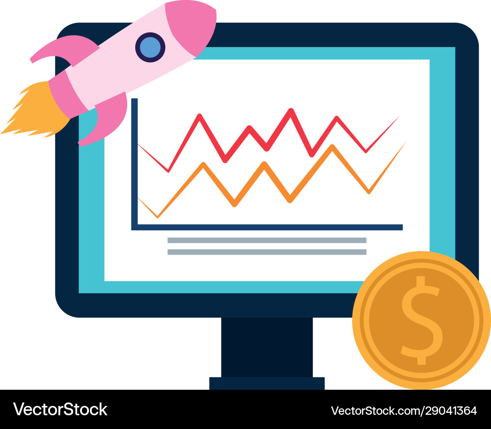Computer with rocket and money coin colorful Vector Image