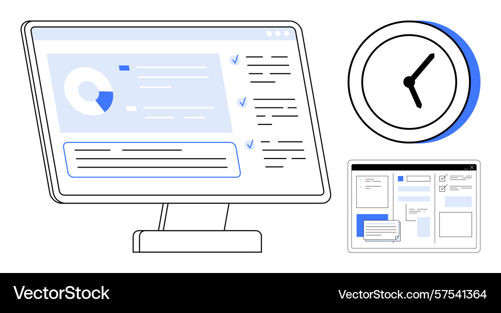 Digital task management on monitor with clock Digital task management on monitor with clock vector image