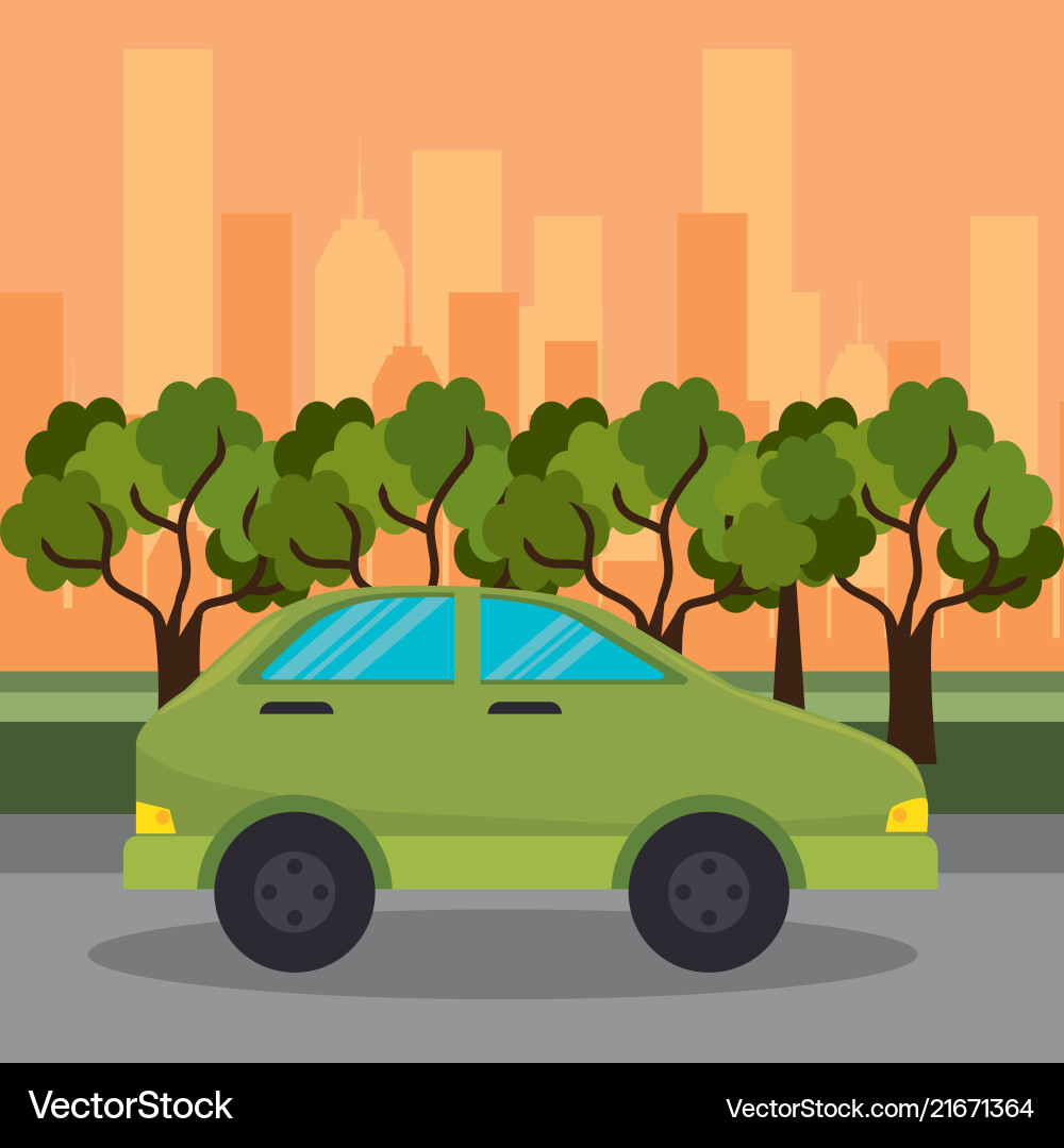 Green car road street city Green car road street city vector image