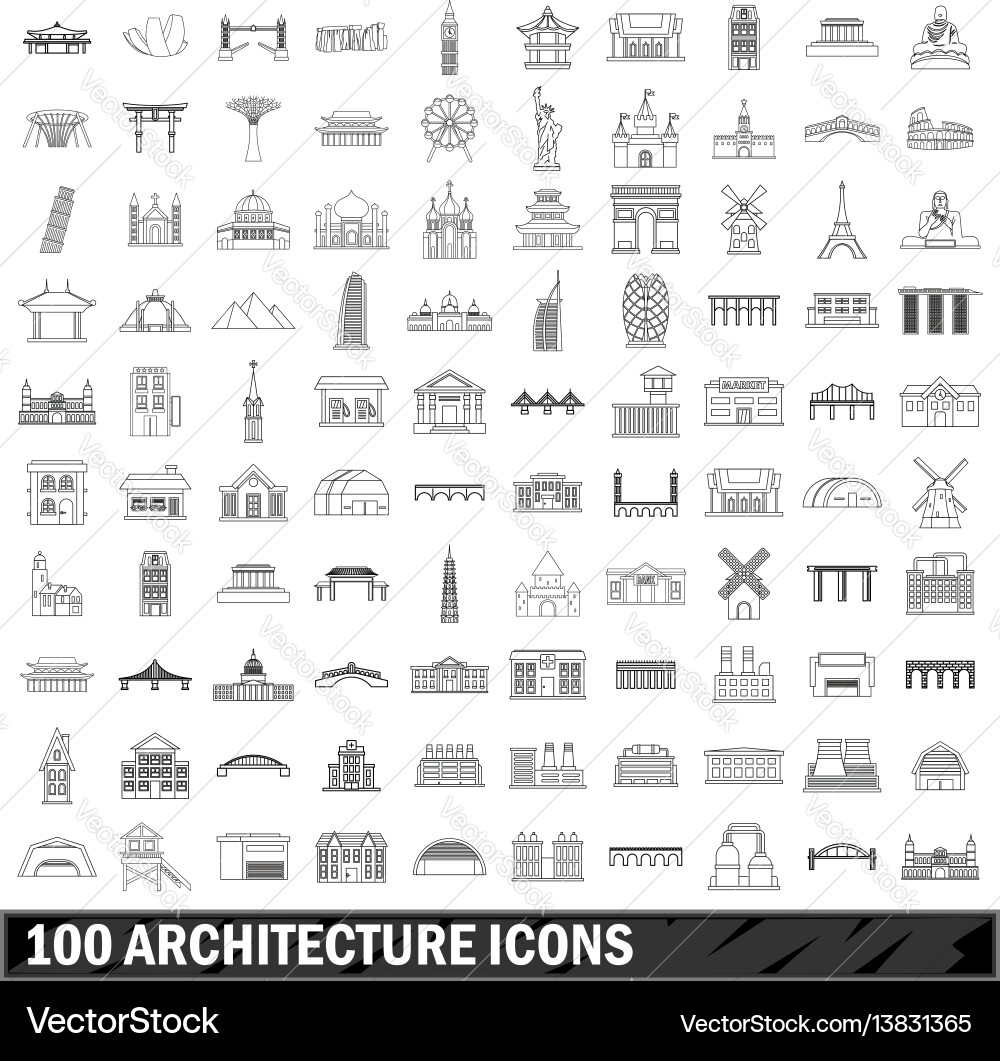 100 architecture icons set outline style 100 architecture icons set outline style vector image