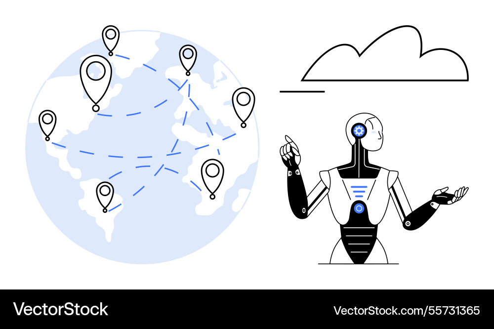 Ai robot analyzing global data network with cloud Ai robot analyzing global data network with cloud Vector Image