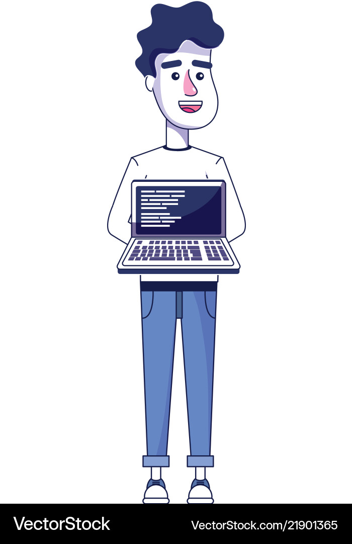 Cute man with laptop and code programming Vector Image