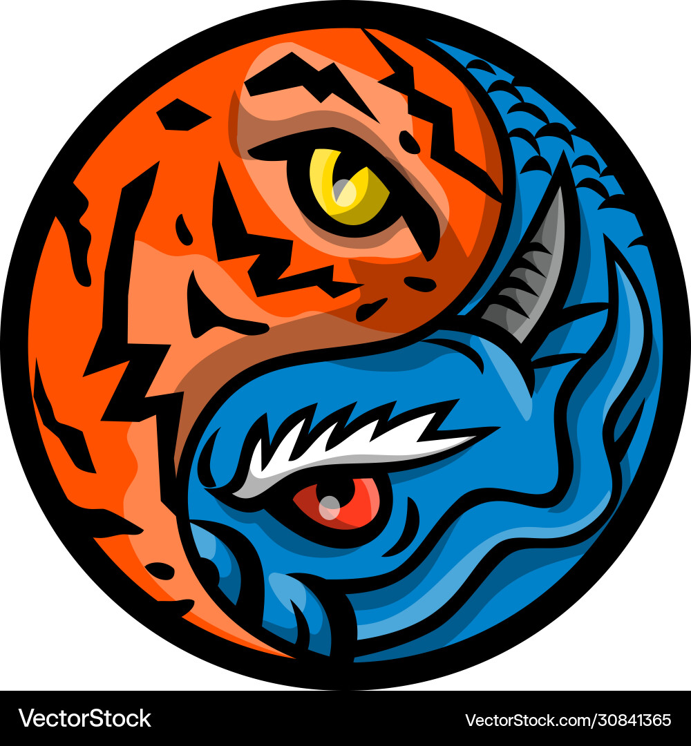 Drachen- und Tigerauge in Yin Yang Symbol Maskottchen Vektorbild