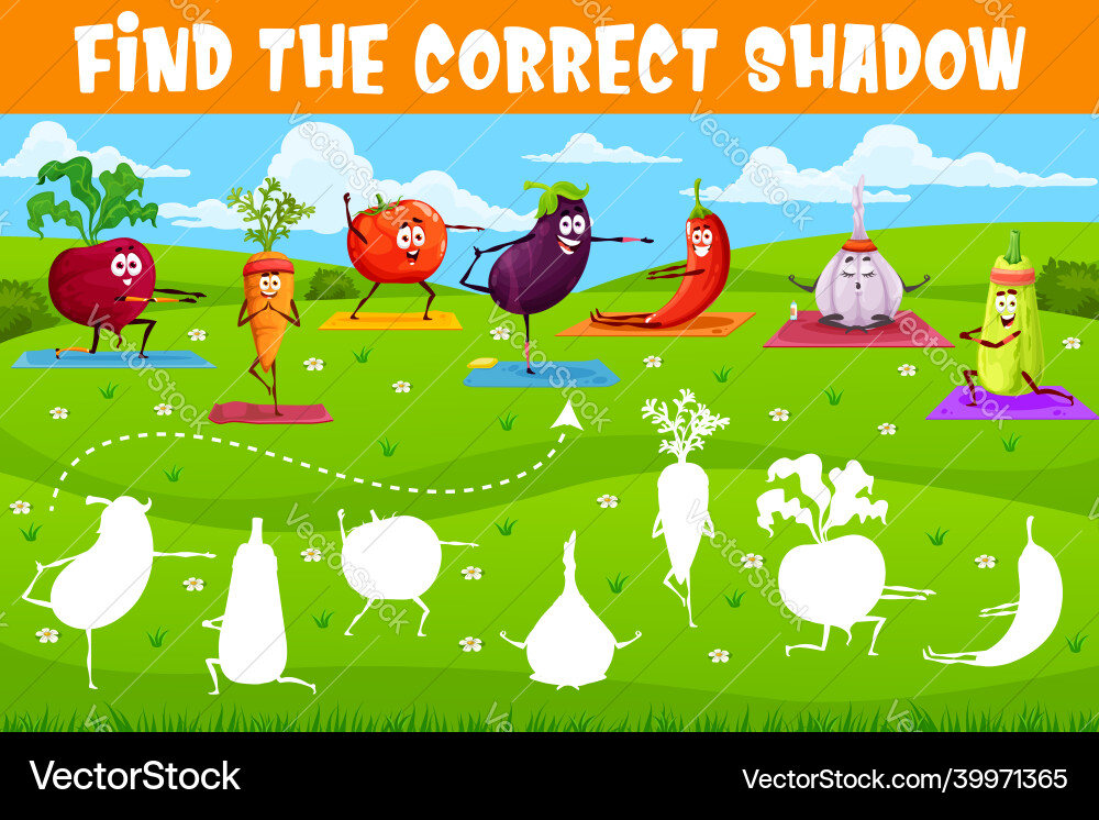 Find correct shadow cartoon vegetables on yoga vector image