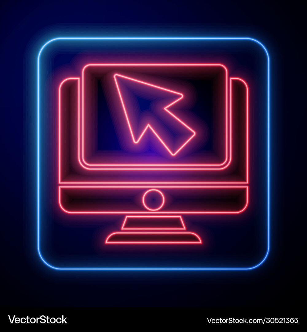Glowing neon computer monitor and cursor icon Glowing neon computer monitor and cursor icon vector image