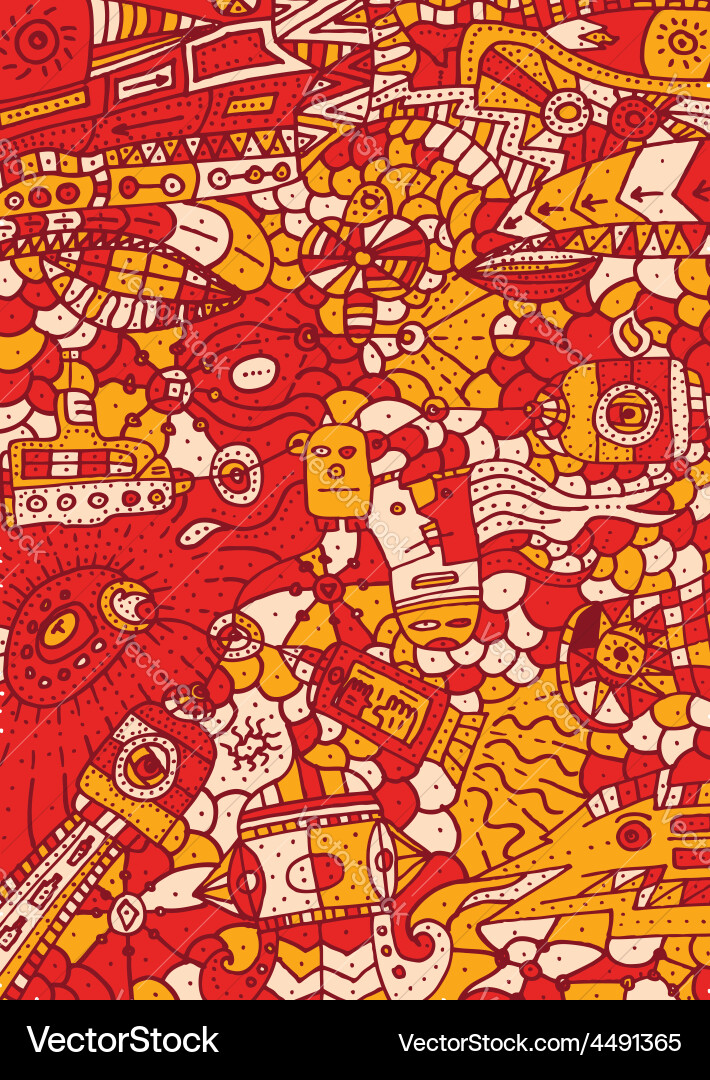 Hand drawn red pattern with different object vector image