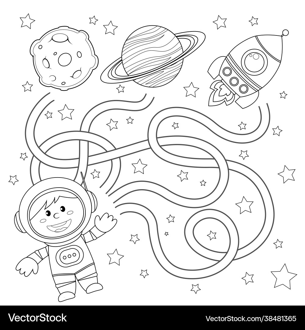 Help cosmonaut find path to rocket maze game Help cosmonaut find path to rocket maze game vector image