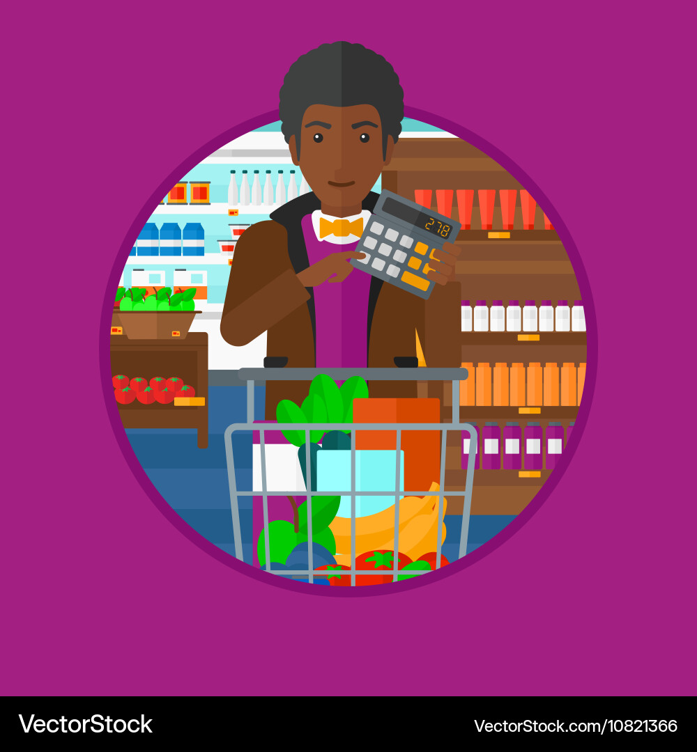 Man counting on calculator at supermarket Vector Image