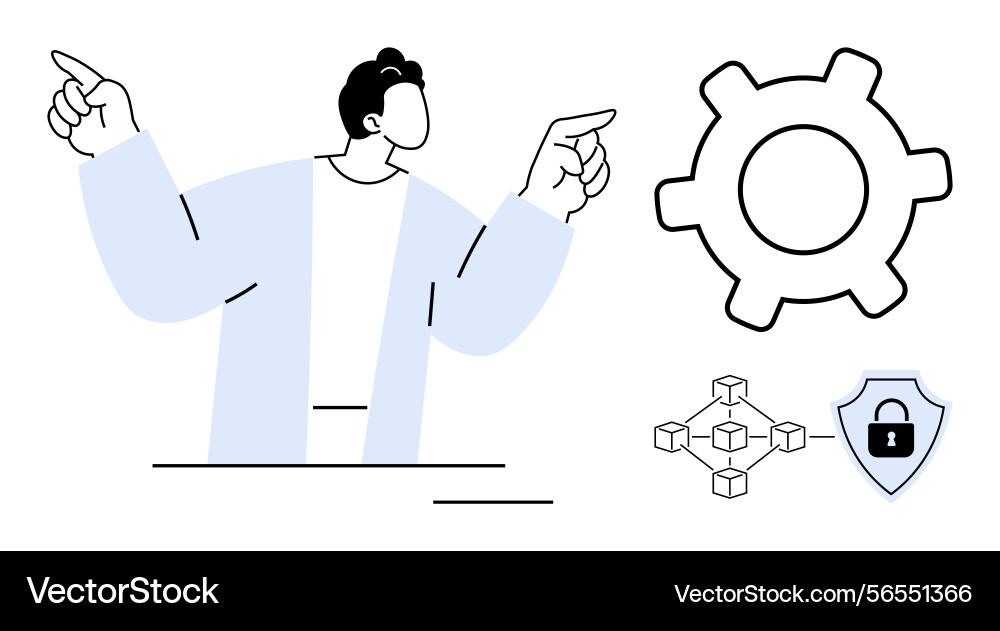 Man gesturing towards blockchain network gear Man gesturing towards blockchain network gear vector image