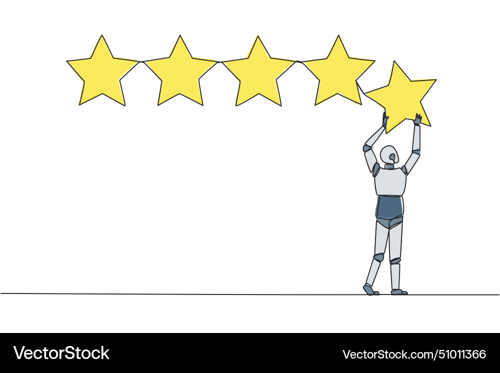 Single continuous line drawing robot holding up Single continuous line drawing robot holding up vector image