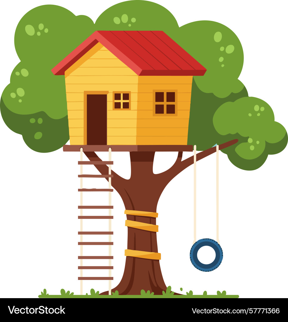 Treehouse nestled in lush green tree with swing Treehouse nestled in lush green tree with swing Vector Image