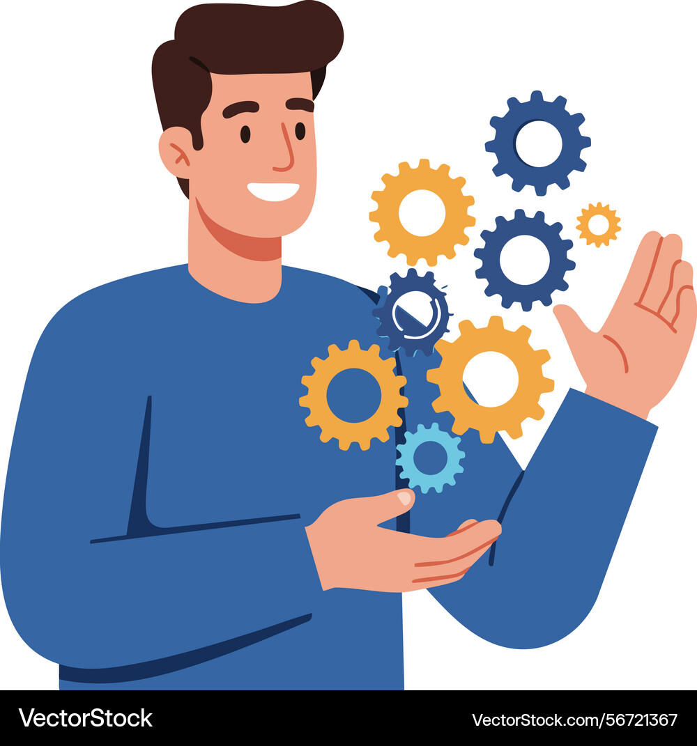 Man smiling with floating gears blue and orange Vector Image