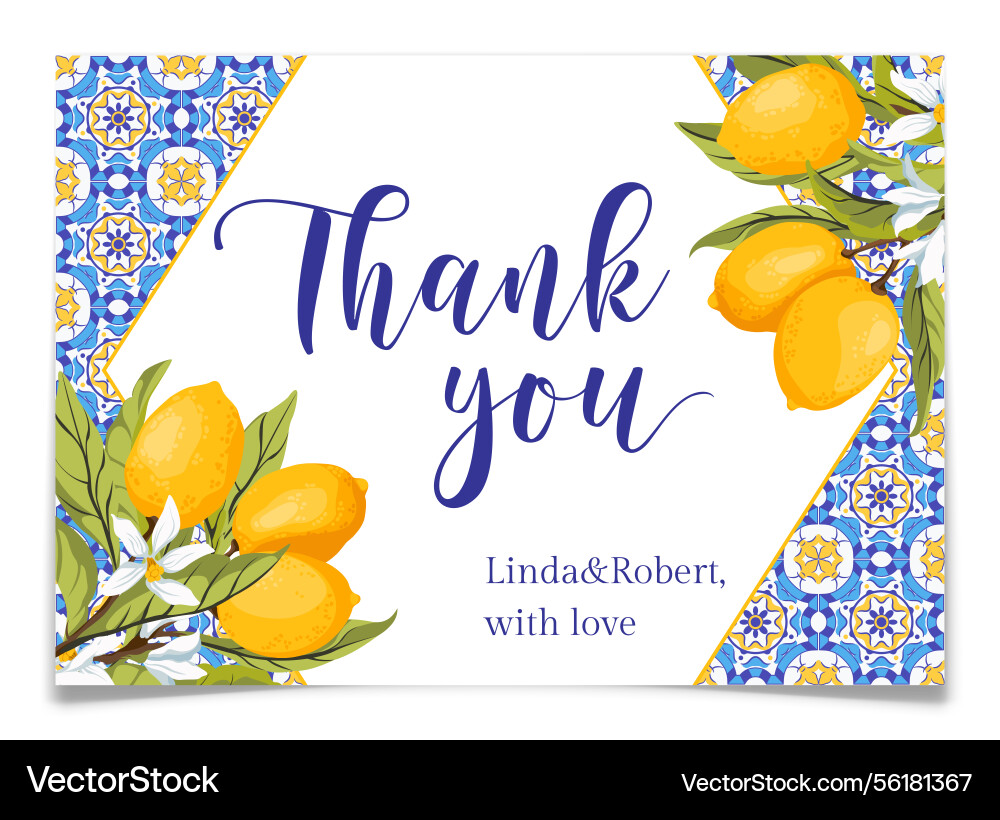 Mediterranean blue tiles and lemon thank you card Mediterranean blue tiles and lemon thank you card vector image