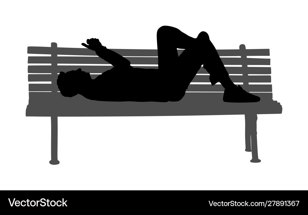 Relaxed lazy man lying down on bench with phone Relaxed lazy man lying down on bench with phone Vector Image