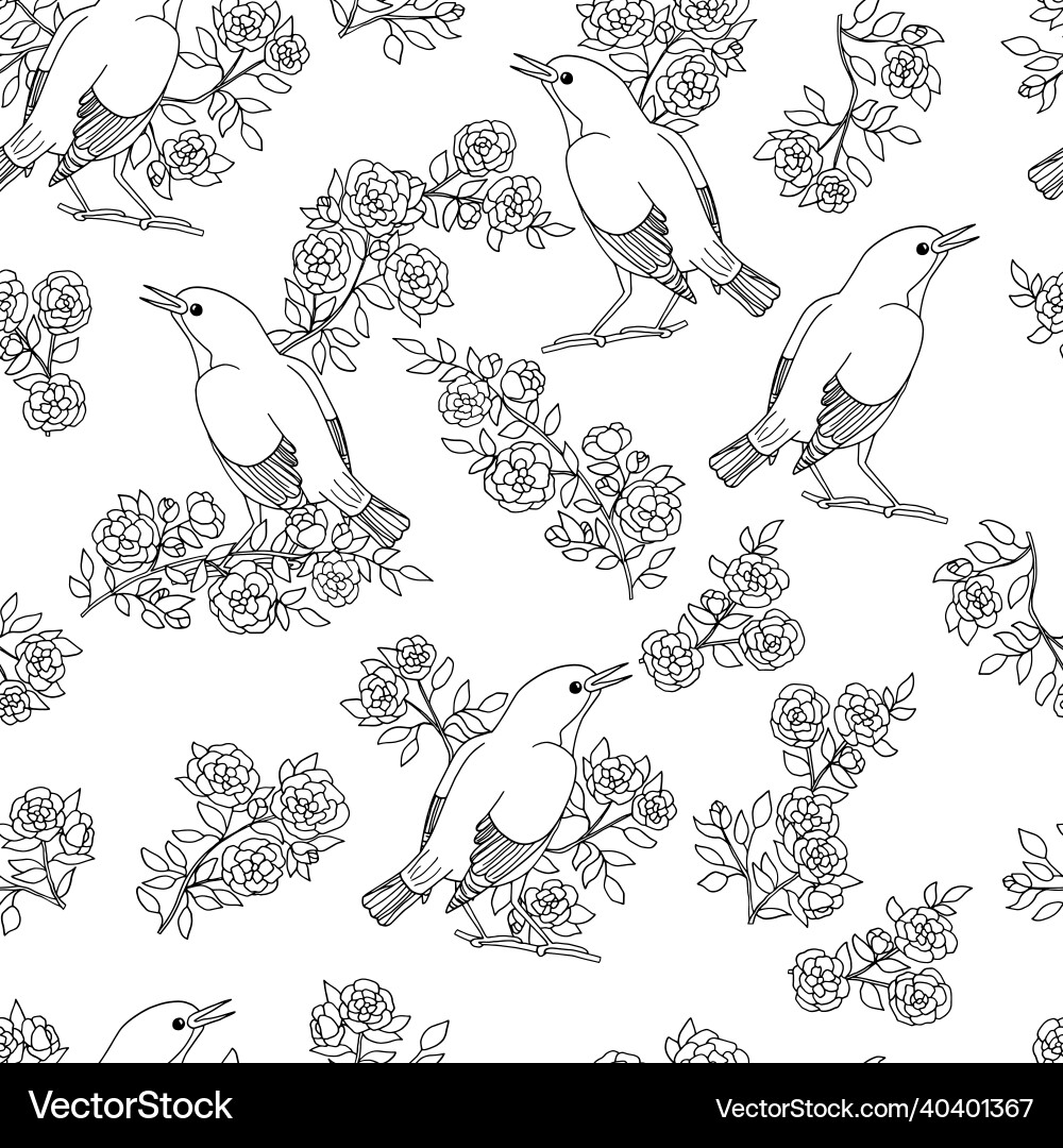 Seamless pattern with birds and flowering Vector Image