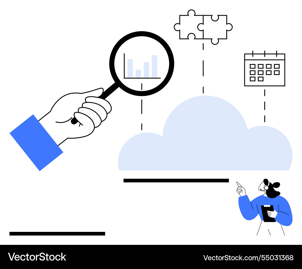 Analyzing data with magnifying glass over cloud Analyzing data with magnifying glass over cloud vector image