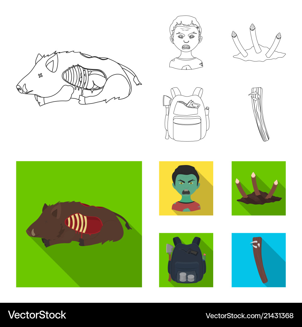 Zombies and attributes outlineflat icons in set Vector Image
