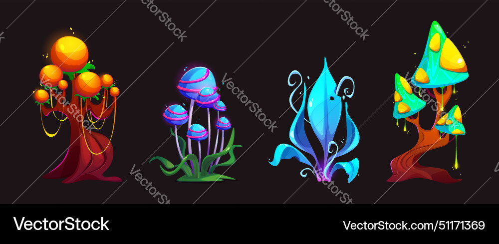 Fantasy alien mushroom magic plant cartoon set vector image