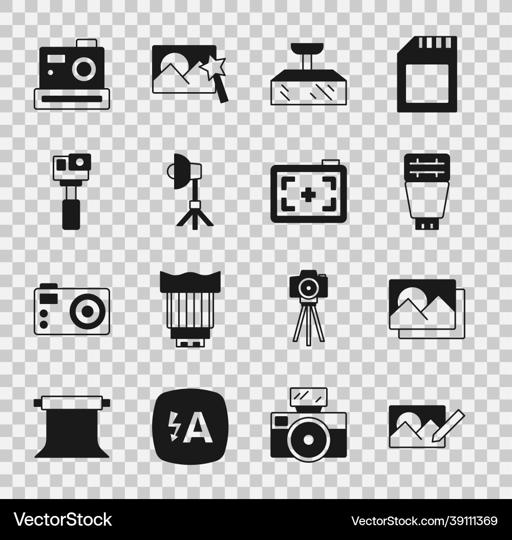 Set photo retouching frame camera flash softbox Set photo retouching frame camera flash softbox Vector Image